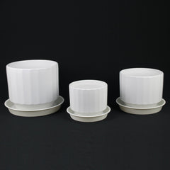 3-Piece White Stoneware Planter Set with Fluted Design
