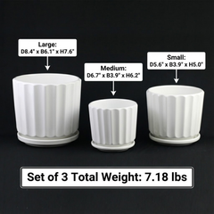 3-Piece White Ceramic Planter Pot Set with Fluted Design & Saucers