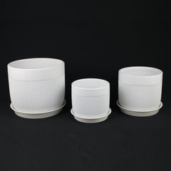 3-Piece White Stoneware Planter Pot Set with Vertical Line Texture