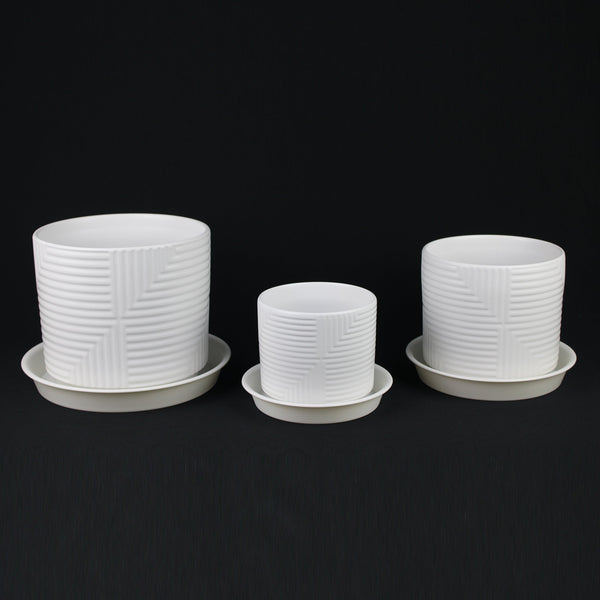 3-Piece White Stoneware Planter Set with Geometric Line Design
