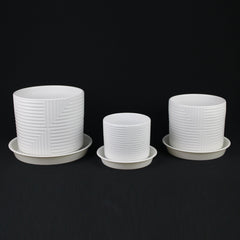 3-Piece White Stoneware Planter Set with Geometric Line Design