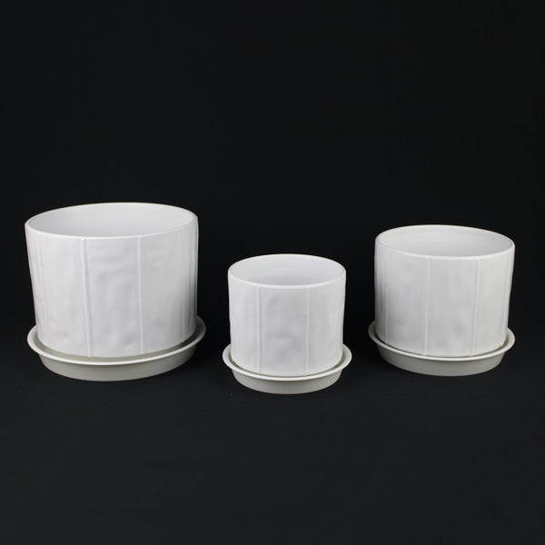 3-Piece White Stoneware Planter Pot Set with Soft Vertical Texture
