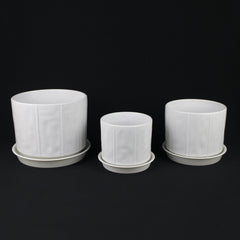 3-Piece White Stoneware Planter Pot Set with Soft Vertical Texture