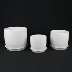 3-Piece White Stoneware Planter Pot Set with Vertical Groove Texture