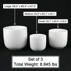 3-Piece White Stoneware Planter Pot Set with Vertical Groove Texture