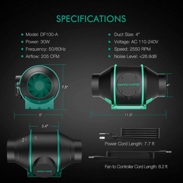 Mars Hydro 4" Inline Duct Fan with Temperature and Humidity Controller