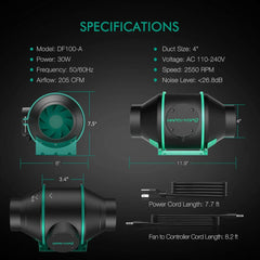 Mars Hydro 4" Inline Duct Fan with Temperature and Humidity Controller