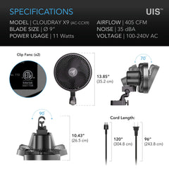 AC Infinity CLOUDRAY S9 2-Pack, Grow Tent Clip Fan 9" with Long-Life EC Motor, 10-Level Dynamic Wind Modes & Fan Speeds, 10-Level Auto Oscillation