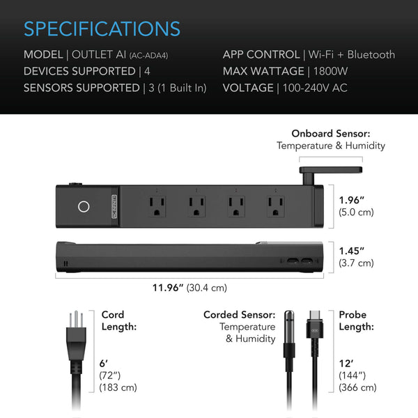 AC Infinity OUTLET AI Environment Controller, Smart WiFi Outlets, Dual-Zone Temperature Humidity, AI Targeting, Dynamic ON/OFF Programming, Expandable Sensors, Individual Control 4-Plugs, 1800W