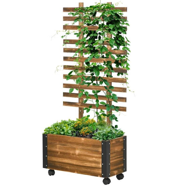 Rustic Wooden Raised Garden Bed – Trellis & Wheels