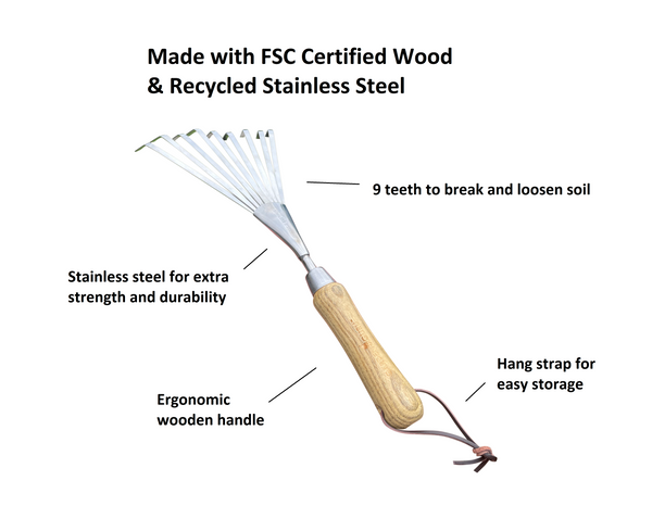 Stainless Steel Garden Hand Rake (classic wood handle)