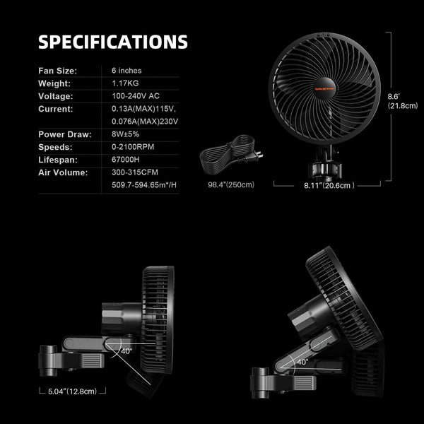 Spider Farmer 6" Clip Fan, 10-Speed with Wide-Angle Oscillation - Pack of 2