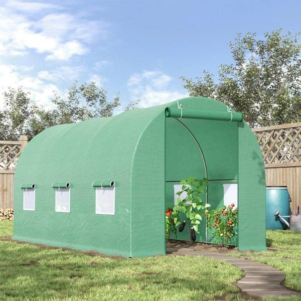 14.5x6.3ft Outdoor Greenhouse – Green PE Cover, Steel Frame