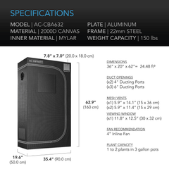 AC Infinity CLOUDLAB 632, Advance Grow Tent, 2000D Diamond Mylar Canvas, 36" x 24" x 72"
