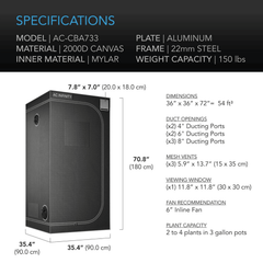 AC Infinity CLOUDLAB 733, Advance Grow Tent 3x3, 2000D Diamond Mylar Canvas, 36" x 36" x 72"