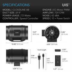 AC Infinity CLOUDLINE LITE A8, Quiet Inline Fan with Speed Controller, 8-Inch