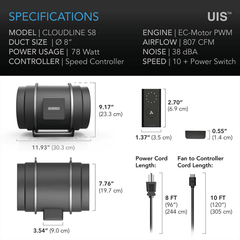 AC Infinity CLOUDLINE S8, Quiet Inline Duct Fan System with Speed Controller, 8-Inch