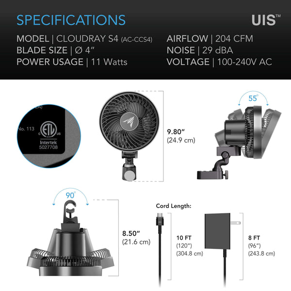 AC Infinity CLOUDRAY S4, Ultra-Compact Grow Tent Clip Fan 4" with Long-Life EC Motor, 10-Level Dynamic Fan Speeds, 10-Level Auto Oscillation, Specialized High-Velocity Circulation
