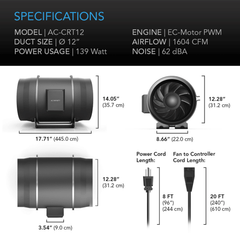 AC Infinity CLOUDWAY T12, Whole House EC Fan, 1600 CFM, Energy Efficient with Temperature Humidity Controller