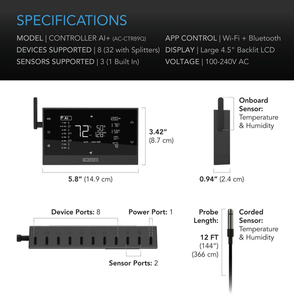 AC Infinity CONTROLLER AI+ Environmental Controller, AI-Powered Learning and Dynamic Level Adjusting for UIS and Third-Party Devices, Dual-Zone VPD, Temperature and Humidity, Bluetooth + WiFi App