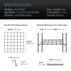AC Infinity Grow Tent Trellis Netting, Flexible Elastic Cords, 3x3'
