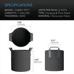 AC Infinity Heavy Duty Fabric Pots,  1 Gallon, 5-Pack