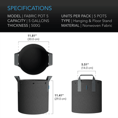 AC Infinity Heavy Duty Fabric Pots,  5 Gallon, 5-Pack
