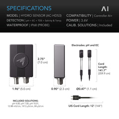 AC Infinity Hydro Sensor for Controller AI+, Precise pH, EC, TDS and Water Temp Data Tracking, Enables Equipment Control Programming