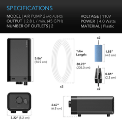 AC Infinity Hydroponics Air Pump, Two-Outlet Pumping Kit, 45 GPH (2.8 L/M)