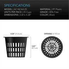 AC Infinity Mesh Net Cups, Slotted Pots with Wide Lips, 4-Inch, 25-Pack