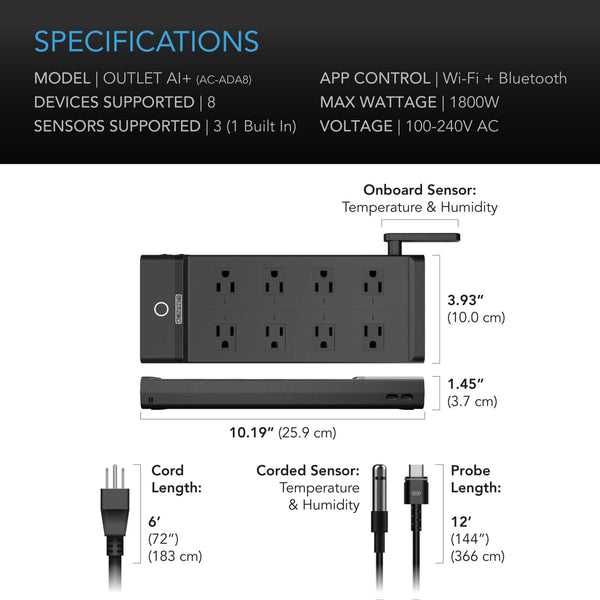 AC Infinity OUTLET AI+ Environment Controller, Smart WiFi Outlets, Dual-Zone Temperature Humidity, AI Targeting, Dynamic ON/OFF Programming, Expandable Sensors, Individual Control 8-Plugs, 1800W