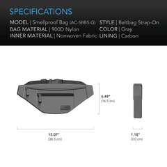 AC Infinity Smell Proof Belt Bag, Gray, with 900D Nylon Fabric and Carbon Filter Lining
