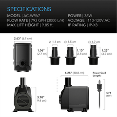 AC Infinity Submersible Water Pump, 10-Feet Lift Height, 792 GPH (3000 L/H)