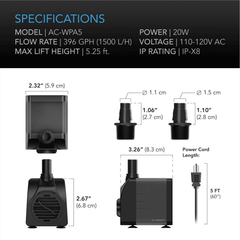 AC Infinity Submersible Water Pump, 5-Feet Lift Height, 396 GPH (1500 L/H)