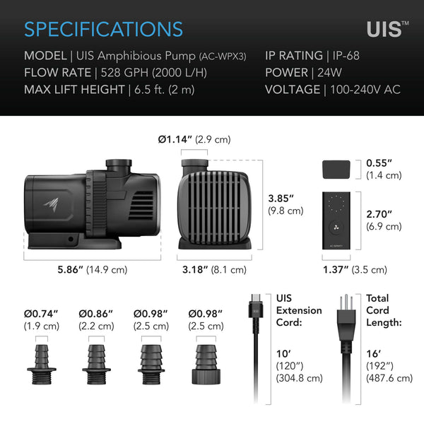 AC Infinity UIS Amphibious Pump 24W, 10-Speed Precision DC Motor, 6-Feet Lift Height, 528 GPH (2000 L/H) for Submersible / Inline Use