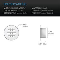 AC Infinity Wall Mount Duct Grille Vent, White Steel, 4-Inch