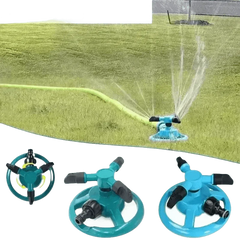 Blue Rotating Garden Sprinklers Watering Grass