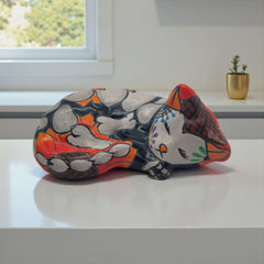 Talavera Sleeping Cat Figurine | Hand-Painted Mexican Decor