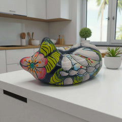 Talavera Sleeping Cat Figurine | Hand-Painted Mexican Decor